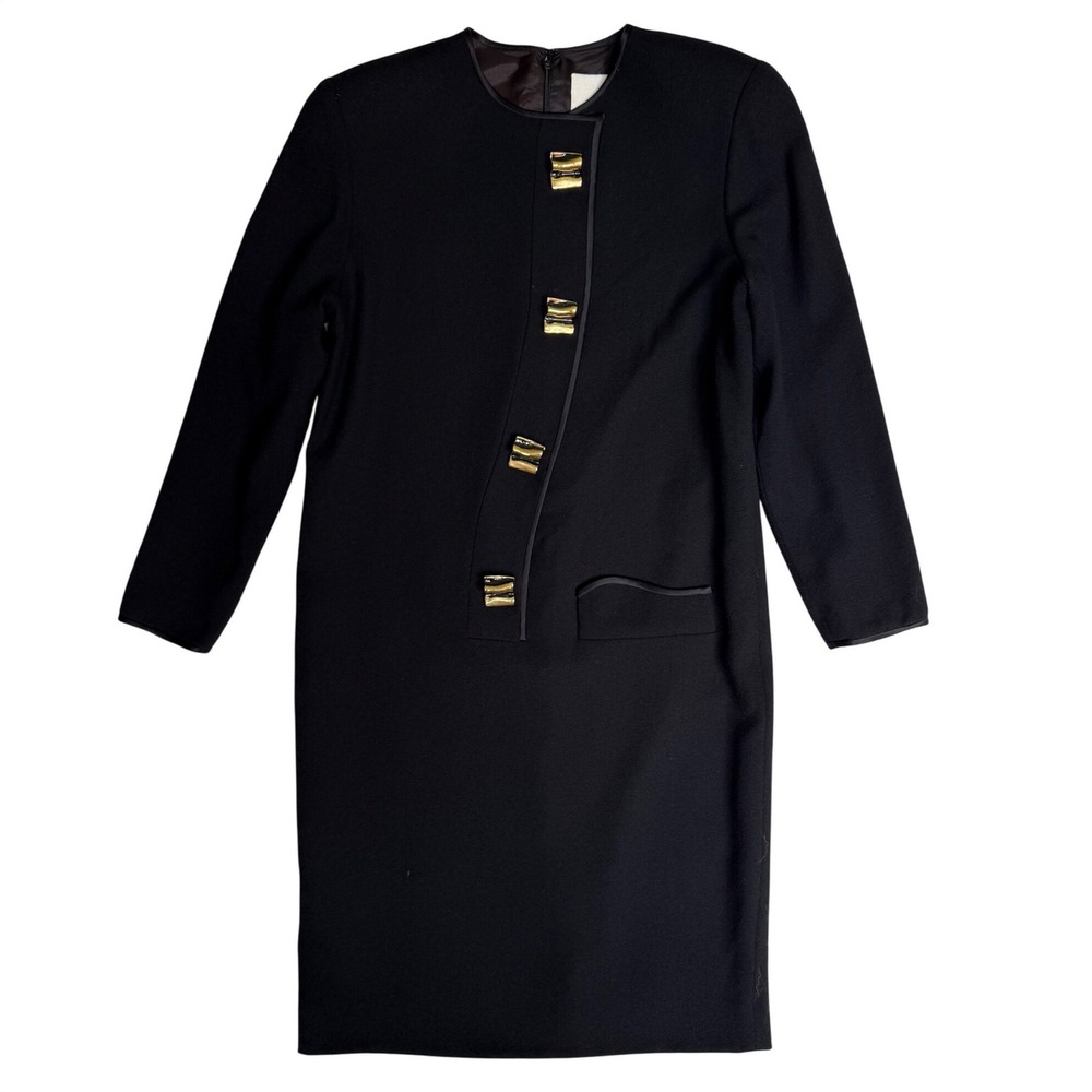 Vintage Steve Fabrikant Black Wool Dress Size 8 Gold Statement Buttons USA Made